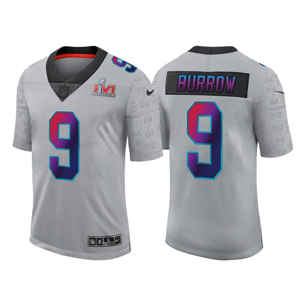 Men's Cincinnati Bengals #9 Joe Burrow 2022 Grey Super Bowl LVI Limited Stitched Jersey Men's Cincinnati Bengals #9 Joe Burrow 2022 Grey Super Bowl LVI Limited Stitched Jersey